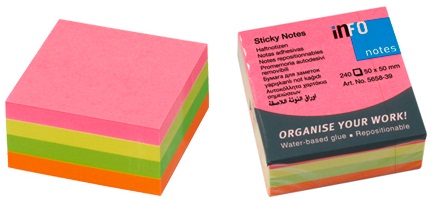 Notes autoadeziv cub, 50 x 50mm, 240 file/set, diferite culori intense, INFO NOTES