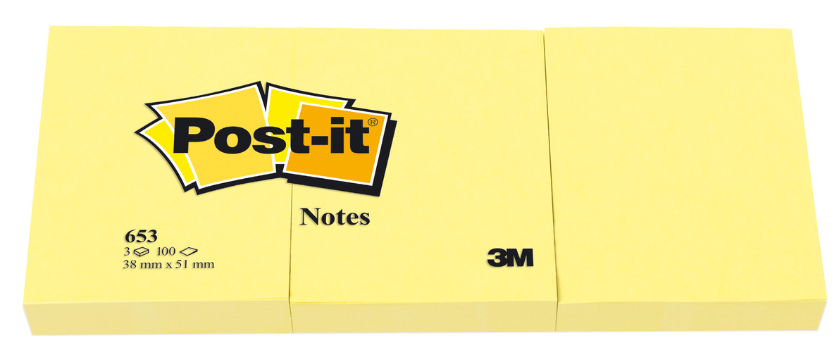Notes autoadeziv, 38 x 51mm, 100 file/set, 3 seturi/pachet, galben clasic, POST-IT 653