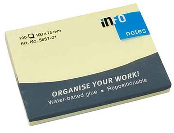 Notes autoadeziv, 100 x 75mm, 100 file/set, galben pastel, INFO NOTES