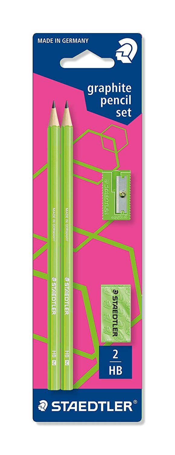 Set 2 creioane mina grafit + radiera + acutitoare, verde neon, STAEDTLER WOPEX