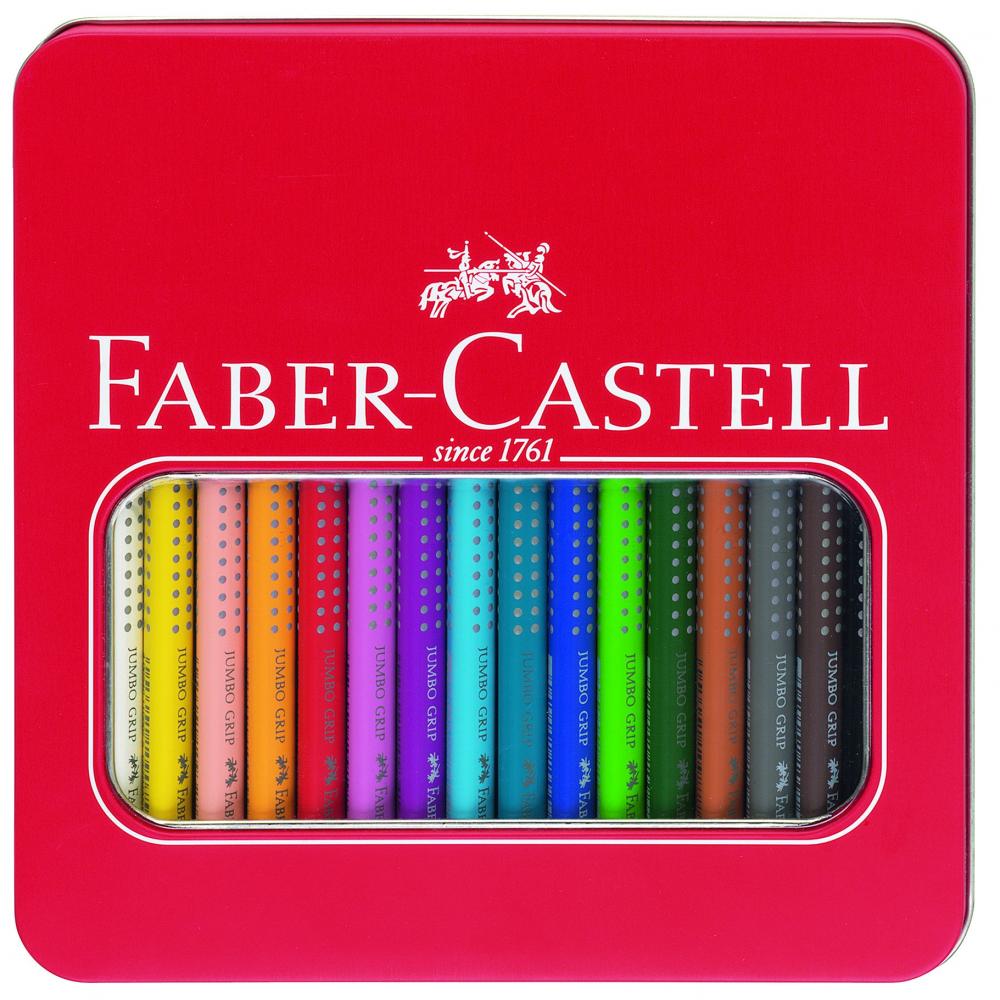 Creioane colorate, cutie de metal, 16 culori/set Jumbo Grip, FABER CASTELL