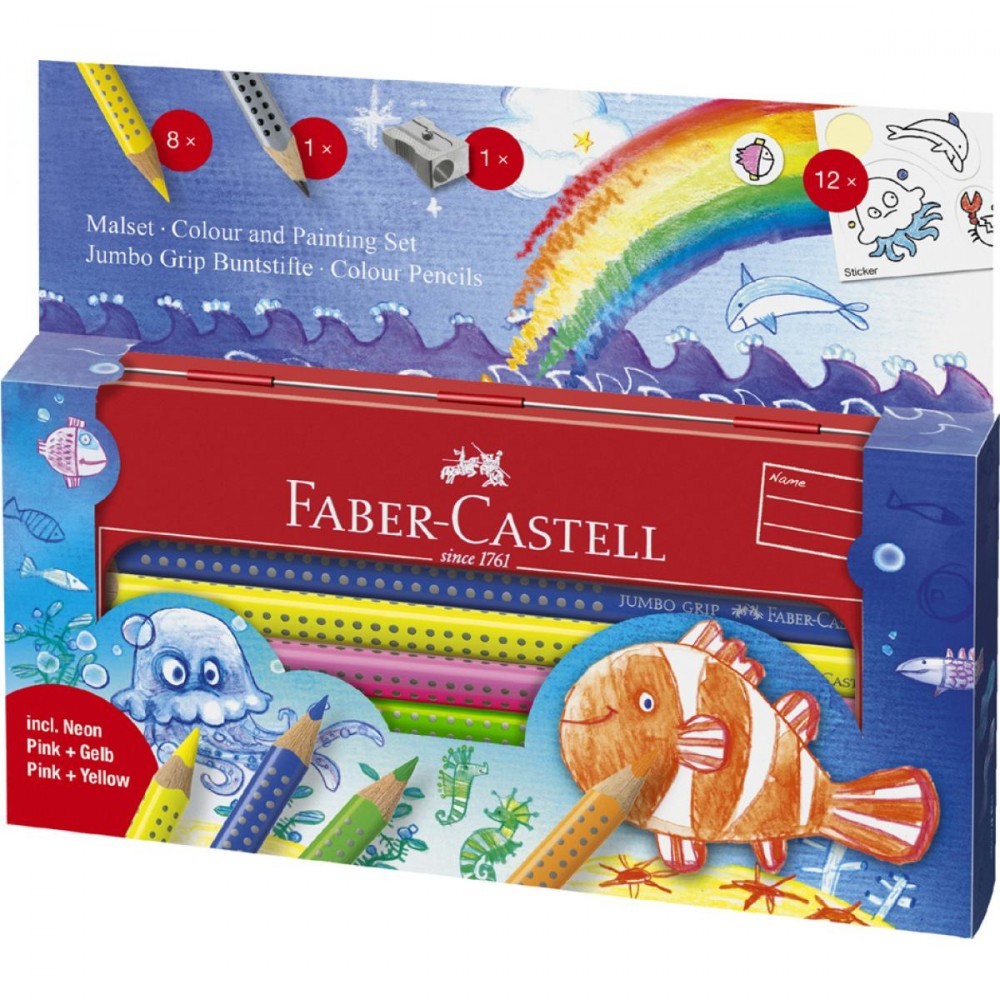 Creioane colorate + accesorii Jumbo Grip Ocean, 8 culori/set, FABER CASTELL