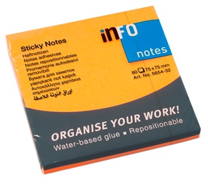 Notes autoadeziv, 75 x 75mm, 80 file/set, portocaliu intens, INFO NOTES