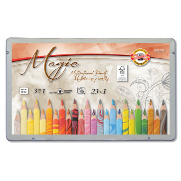 Creioane multicolor triunghiulare, 23 bucati+blender, cutie metal, KOH-I-NOOR Jumbo Trio Magic