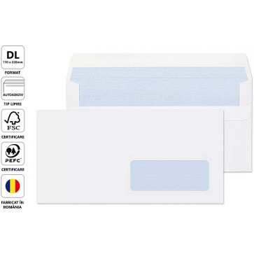 Plic DL (110 x 220mm), autoadeziv, alb, 80 g mp, cu fereastra dreapta, 1000 buc. cutie, GPV_GPV122141-1