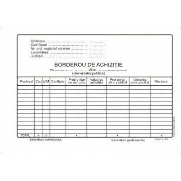 Borderou de achizitii, A4, tipar fata, 100 file/carnet