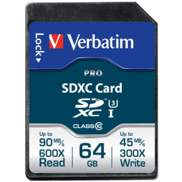 Card SDXC Pro 64GB VERBATIM, Class 10