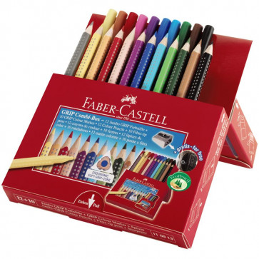 Set Cadou 12 Creioane Colorate Jumbo Grip si 10 Carioci Grip FABER CASTELL