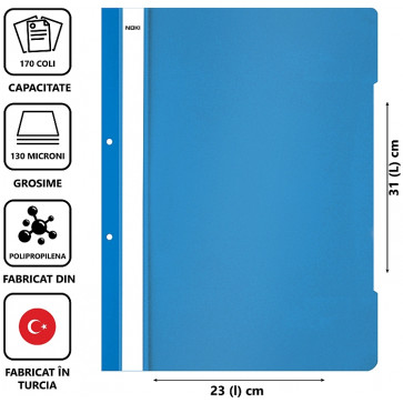 Dosar din plastic, cu sina si perforatii, albastru, NOKI_NK482012-1