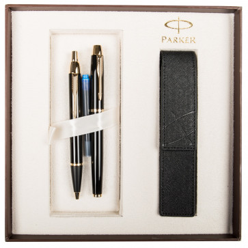 Set stilou + pix + etui, negru lac, cu accesorii aurii, PARKER I.M.