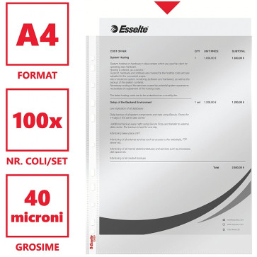 File din plastic, A4 (transparent cristal), 40 microni, 100 bucati/pachet, ESSELTE_ES13089-1