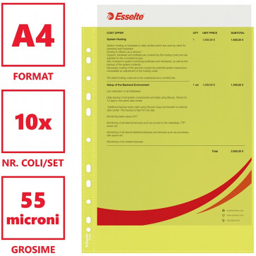 File din plastic, A4, galben transparent, cristal, 55 miconi., 10 buc/set, ESSELTE_ES47201-1