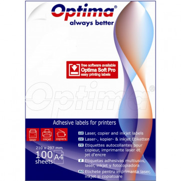 Etichete autoadezive albe, colturi drepte, 1/A4, 210 x 297mm, 100 coli/top, OPTIMA