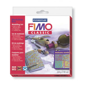 Plastilina pt. modelaj, 4 culori/set + 1 ustensila, STAEDTLER Fimo Classic Workshop Box Mokume Nendo