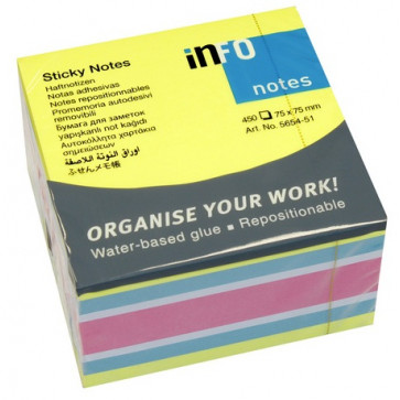 Notes autoadeziv cub, 75 x 75mm, 450 file/set, diferite culori pastel, INFO NOTES Mix