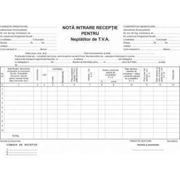 Nota de intrare receptie, neplatitor de TVA, A4, tipar fata, 100 file/carnet