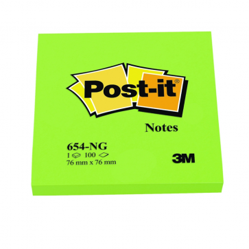 Notes autoadeziv, 76 x 76mm, 100 file/set, verde neon, POST-IT 654-NG
