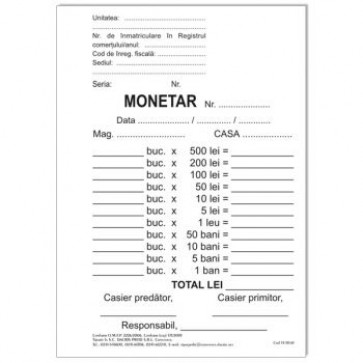 Monetar, A6, tipar fata, autocopiativ, 2ex., 50 set/carnet