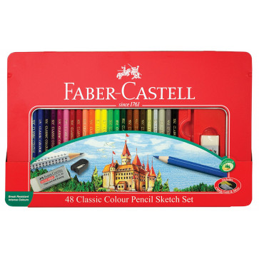 Creioane colorate, 48 culori/set + 4 accesorii, cutie de meatal, FABER CASTELL 