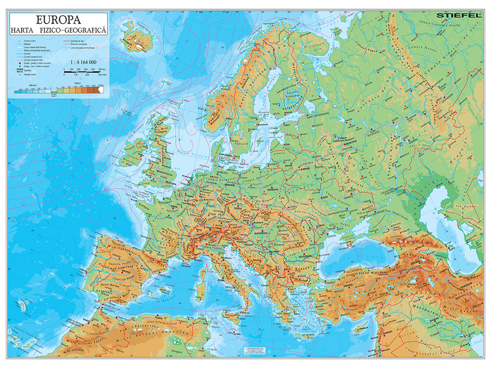 Harta plastifiata, Europa fizico geografica, 160 x 120cm, baghete lemn, STIEFEL