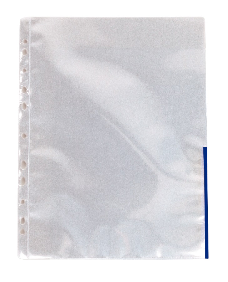 File din plastic cu deschidere superioara si lateral dreapta, A4, cristal, 105 mic, cu margine albastra, 100 buc./set, ESSELTE