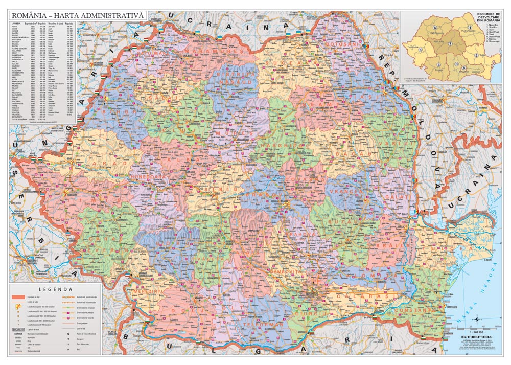 Harta plastifiata, Romania administrativa, 200 x 140cm, baghete lemn, STIEFEL