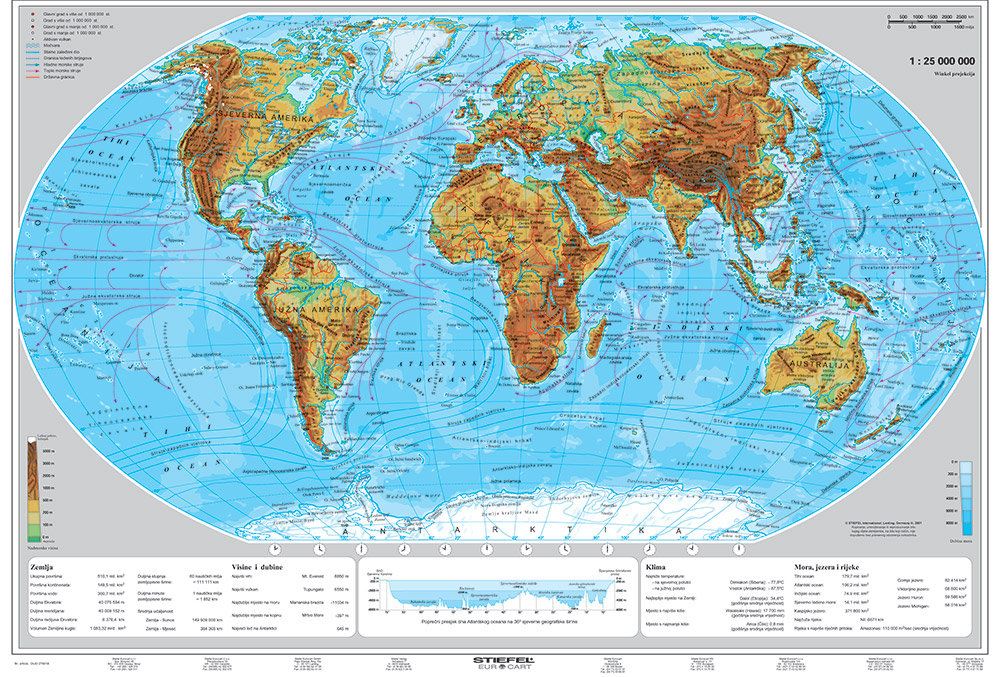 Harta plastifiata, Lumea politica / fizica-geografica, 160 x 120cm, baghete lemn, STIEFEL