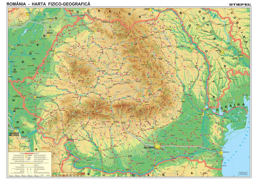 Harta plastifiata, Romania fizico-geografica, 200 x 140cm, baghete lemn, STIEFEL