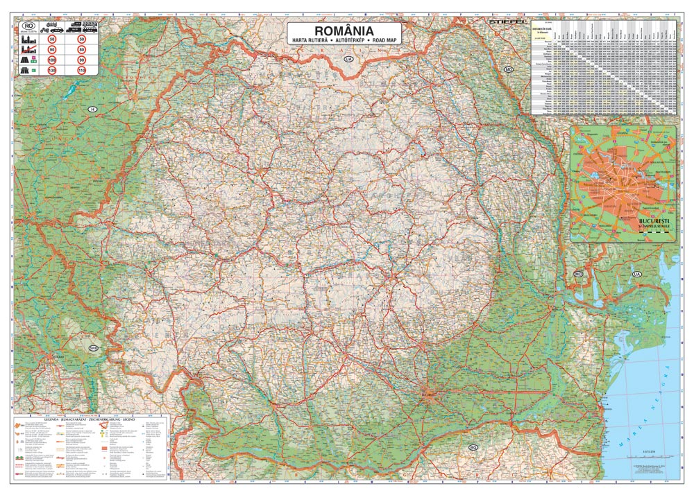 Harta plastifiata, Romania rutiera, 100 x 70cm, baghete lemn, STIEFEL