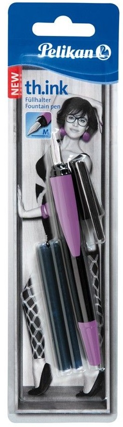 Stilou cu grip, penita M, negru lucios/violet mat, 2 rezerve/blister, PELIKAN th.INK