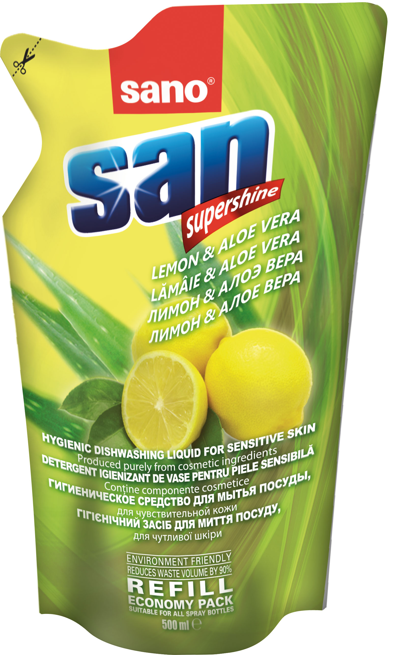 Rezerva detergent lichid pentru vase, 500 ml, aloe vera si lamaie, SANO San